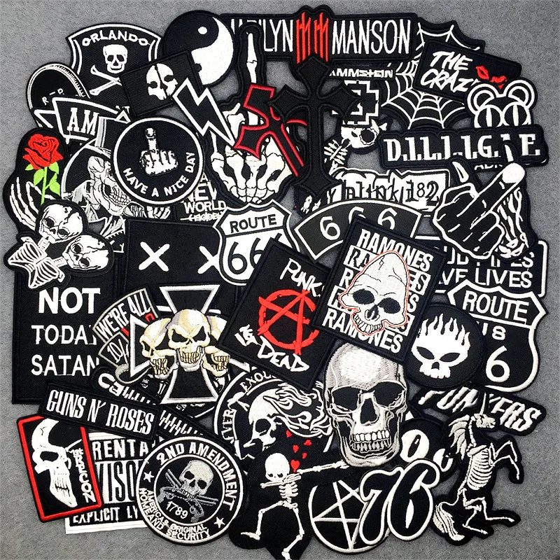 50pcs/lot Punk Patches on Clothes Embroidered DIY Iron on Patches for Clothing Jacket Jeans Stickers Black White Appliques