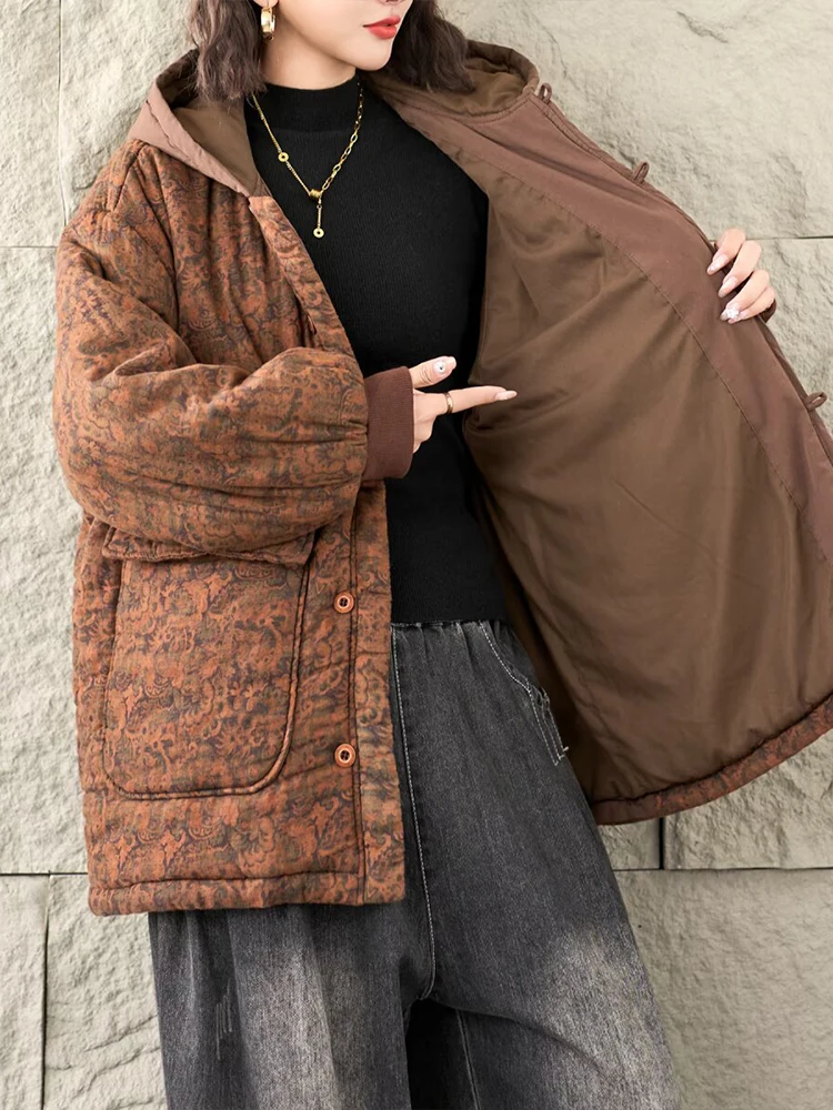 Mass Wasss 2025, Winter, warme, florale Baumwollmäntel, Damen, bedruckt, übergroße Parkas mit Kapuze, Damen, verdickt, Vintage-Punk, gepolsterte Jacke