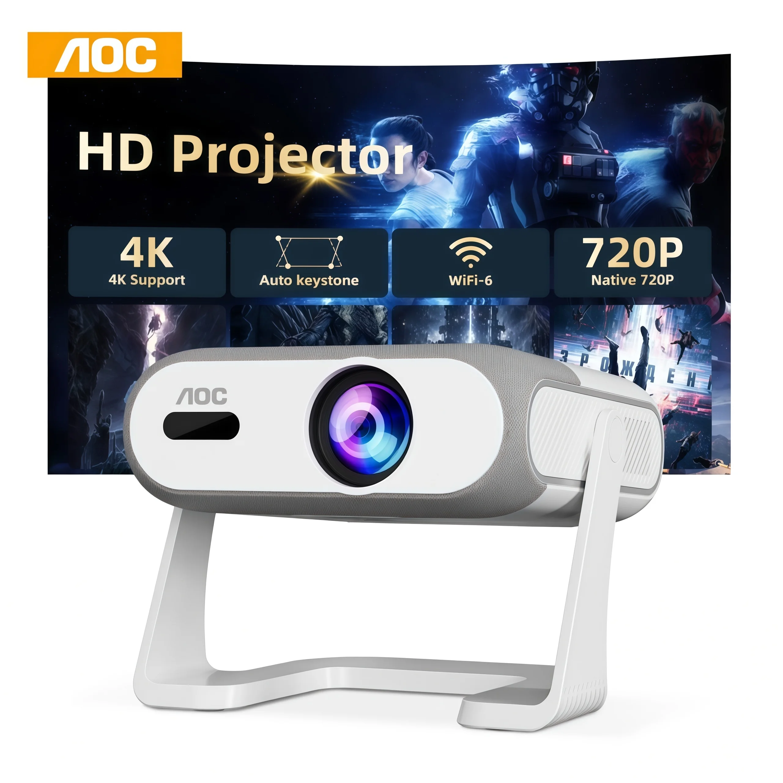 AOC HA116 Mini Projector WiFi 6 Native 720P Supports 4K 290ANSI Android 14 Auto Focus Keystone RGB Light Wireless Mirroring USB