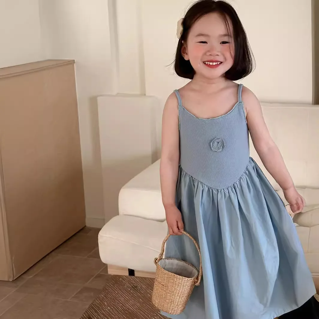 Baby Girl Dress Wheat Season 2024 Summer New Korean Girls Flower Slip Fashion Dress Knit Slip Princess Dress Children Dresses