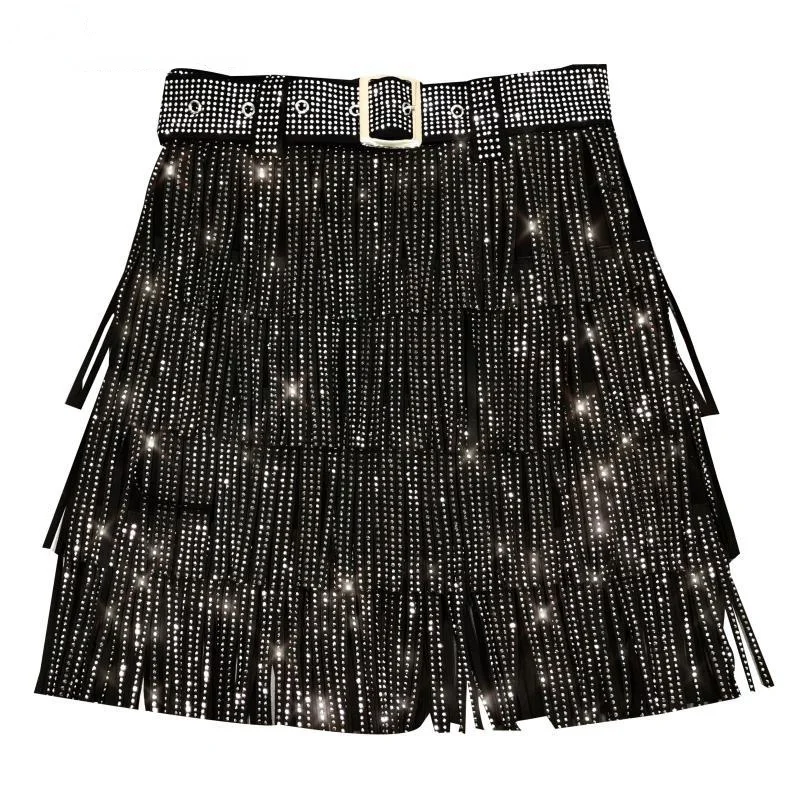 Faldas Mujer 2022 New Spring Heavy Drilling Rhinestones Fringed Skirt with Belt Women's High Waist Multi Layer Short Cake Skirts