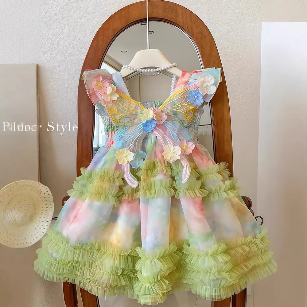 Girls Green Butterfly Wing Princess Dress – Fairy Costume Performance Gown, Toddler Kids Party Outfit Girls Clothes