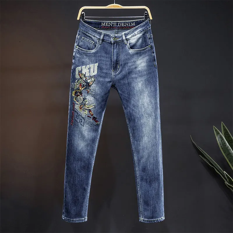 2024 High-End Chinese Style Koi Embroidered Jeans Men's Street Design Sense Embroidered Slim Fit Pu Shuai Casual Feet Trousers