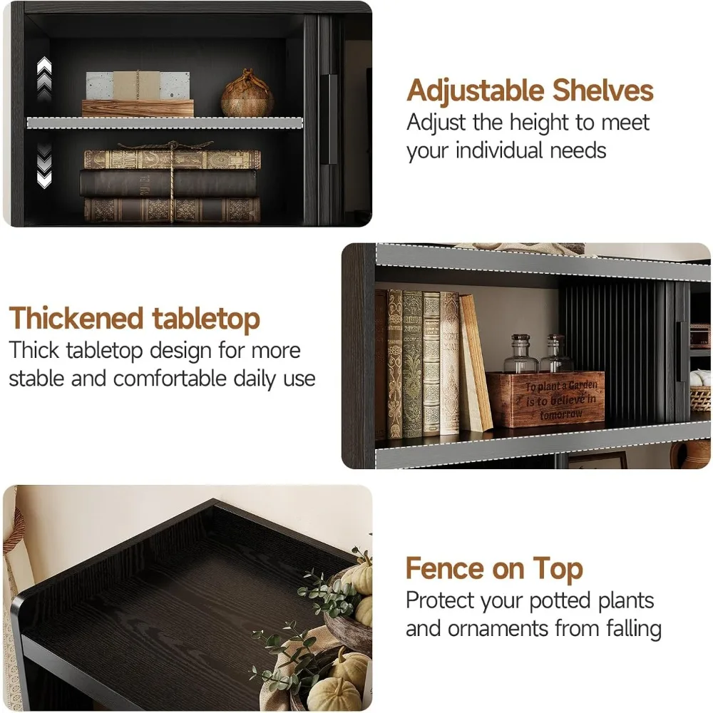 44 Inch Sideboard Buffet Cabinet with Outlet, Open Storage Spaces, Fluted Design, and Sliding Door with Adjustable Shelves