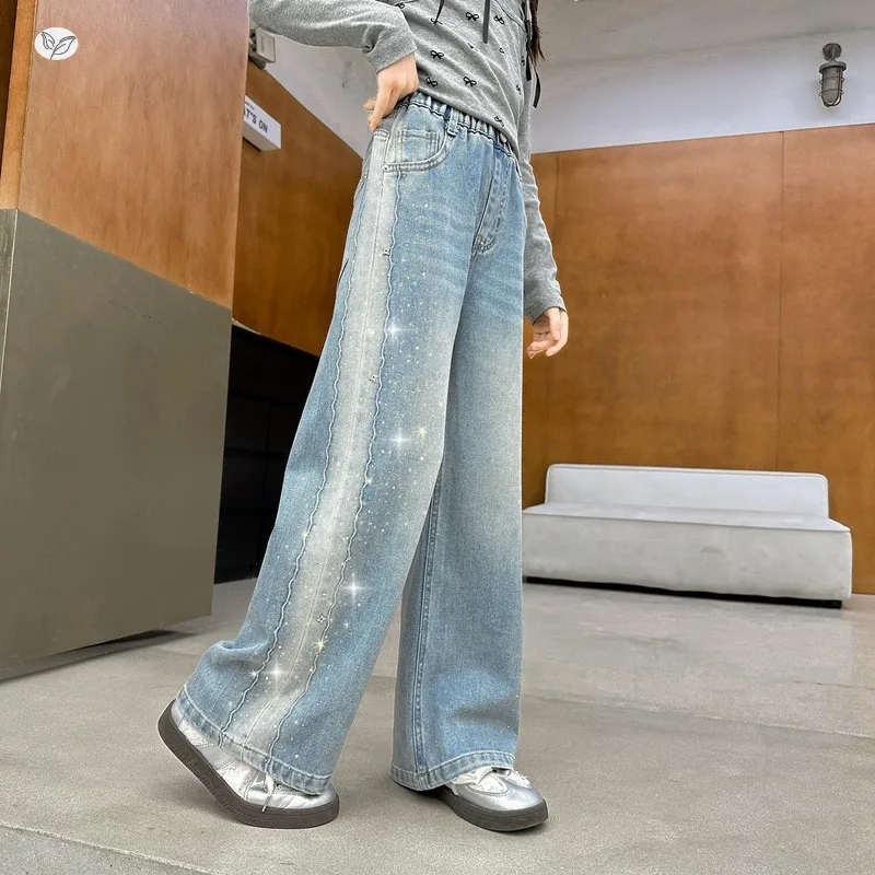 

Girls' Jeans Spliced sequined denim pants American retro straight-leg Wide-Leg Pant for Girls 5-15y