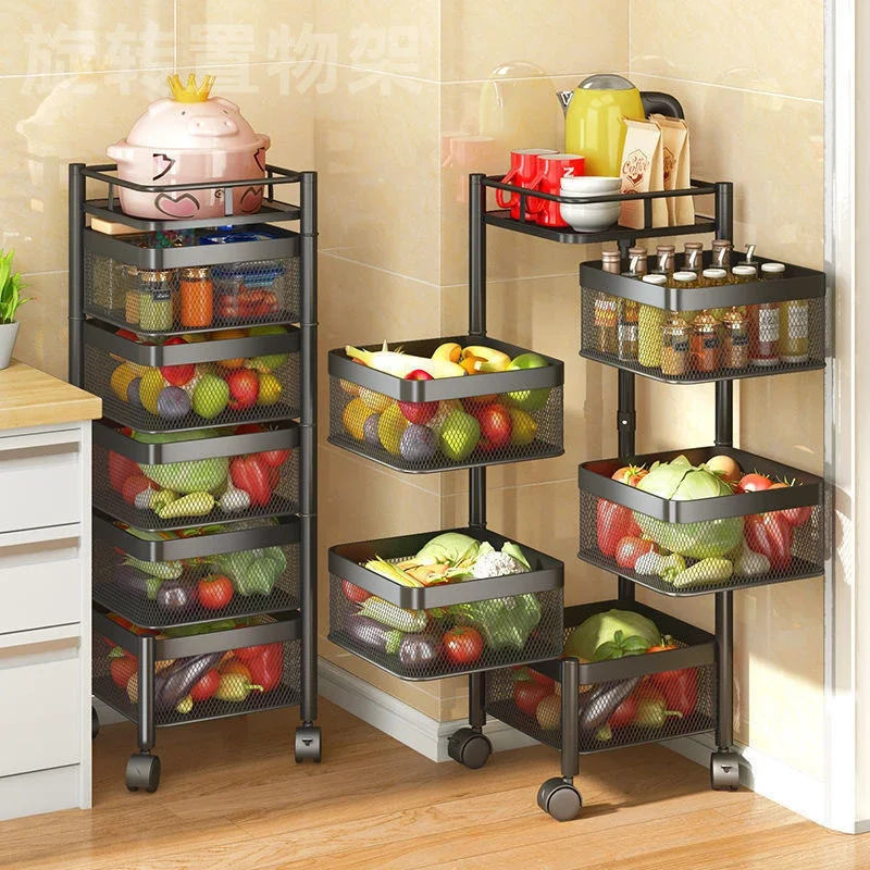 

Metal Basket Kitchen Storage Multifunction Rotating Storage Baskets Rack Shelf Cube Fruit Vegetable Organizer with Wheels