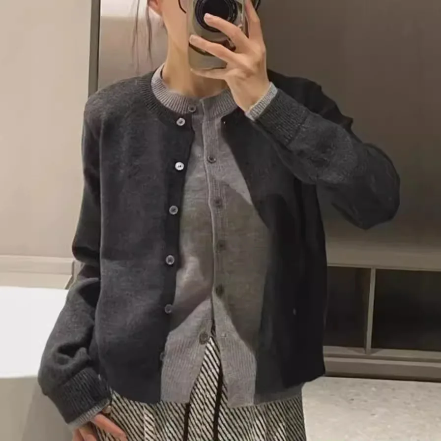 

Collegiate Style Stitching Contrasting Fake Two-piece Knitted Cardigan Women's Autumn and Winter New Versatile Sweater Jacket