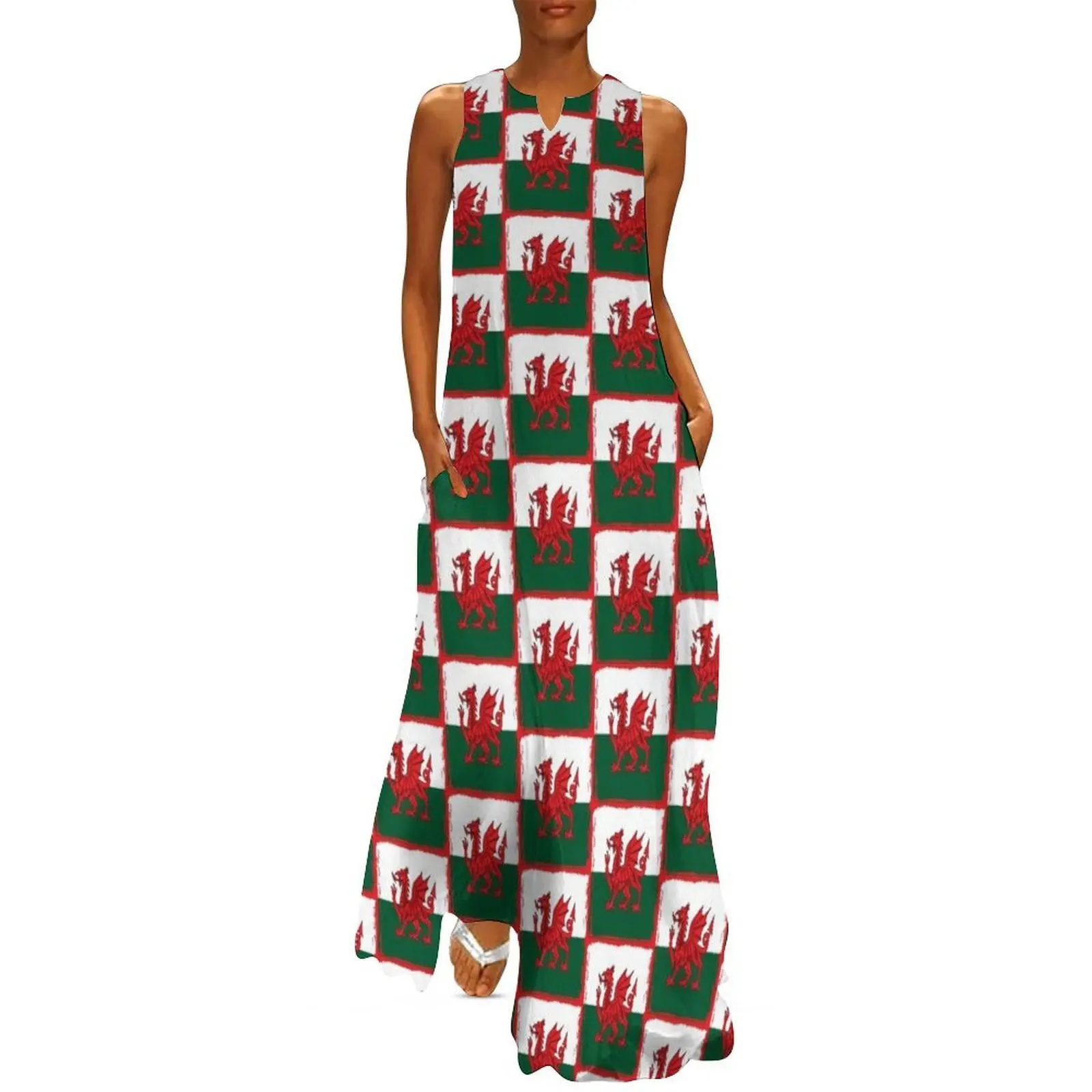 

Y Ddraig Goch The Red Dragon Grunge Welsh Flag Long Dress Evening gown Women"s summer long dress