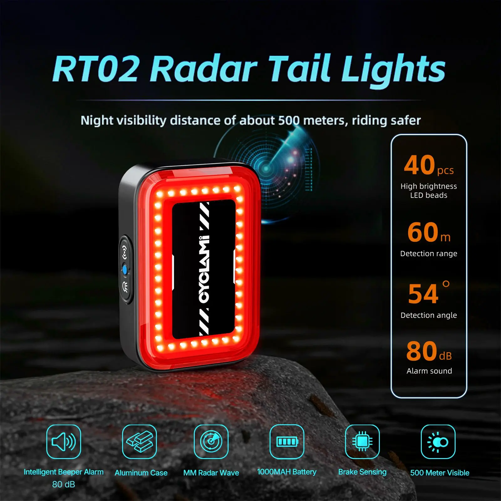 CYCLAMI Bicycle Intelligent Radar Taillight Bike Smart Brake Sensing Rear Lamp with Beeper Alarm Cycling Safety Tail Light RT02