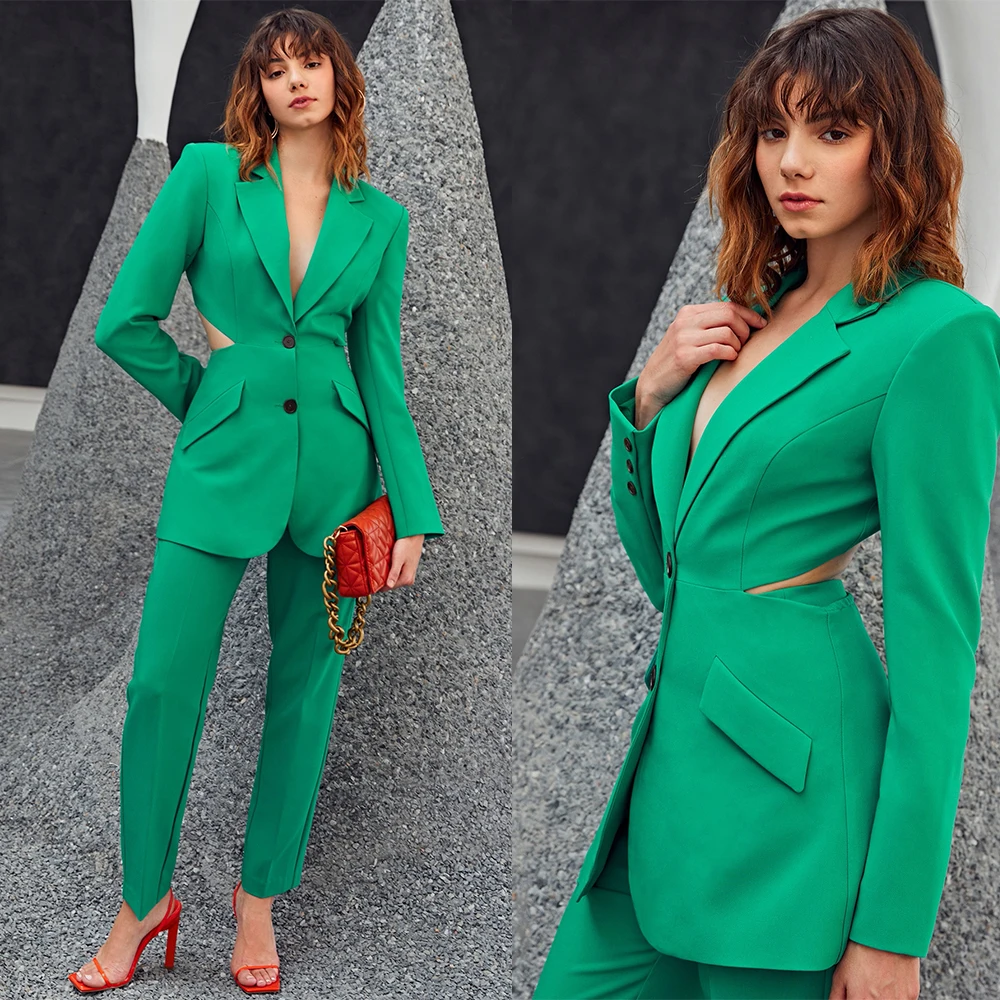 Summer Green Two Piece Wide Leg Pant Suits 2022 Women Sexy Hollow Back Wedding Wear Mother of the Bride Trousers Set