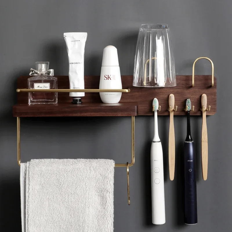 Black Walnut Electric Toothbrush Holder Multi Functional Wall-Mounted Gargle Cup and Paper Towel Storage Rack for Bathroom