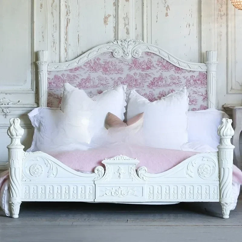 Neoclassical double bed/solid wood carving flower bed/fabric printing bed/master bedroom wedding bed
