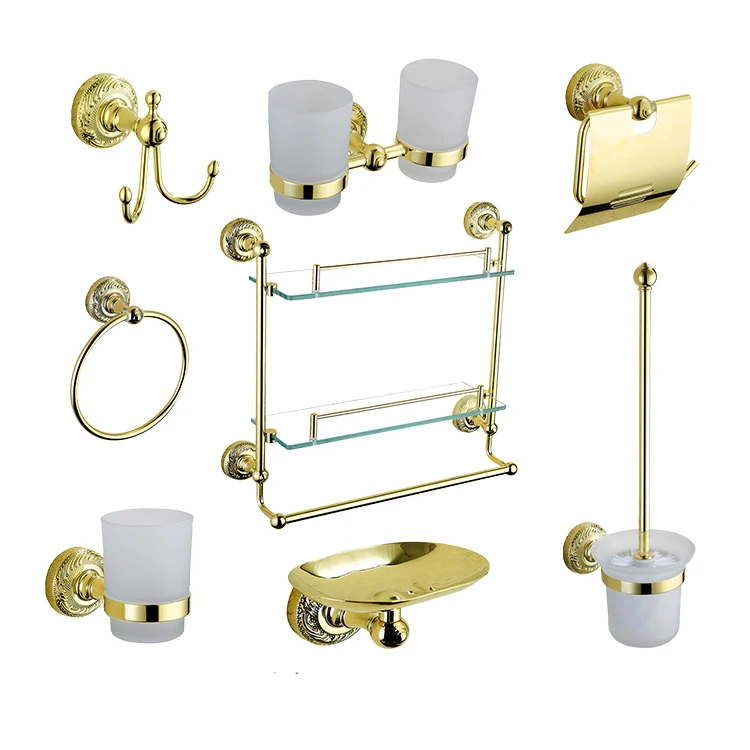 Luxury Brass Wall Mounted Ceramic Sanitary Wares 6 Pcs Hotel Gold Towel Bar Golden Paper Holder Gold-plated Bathroom Set