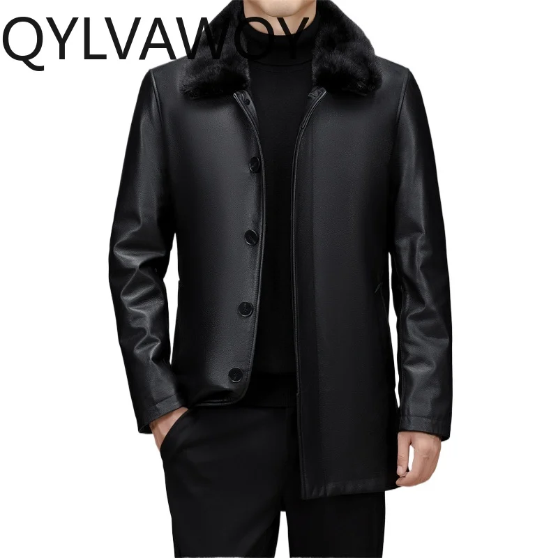 

Куртка QYLVAWOY из натуральной кожи средней длины, осенне-зимнее пальто с воротником из меха норки, кожаная куртка из воловьей кожи с пуховым утеплителем для мужчин