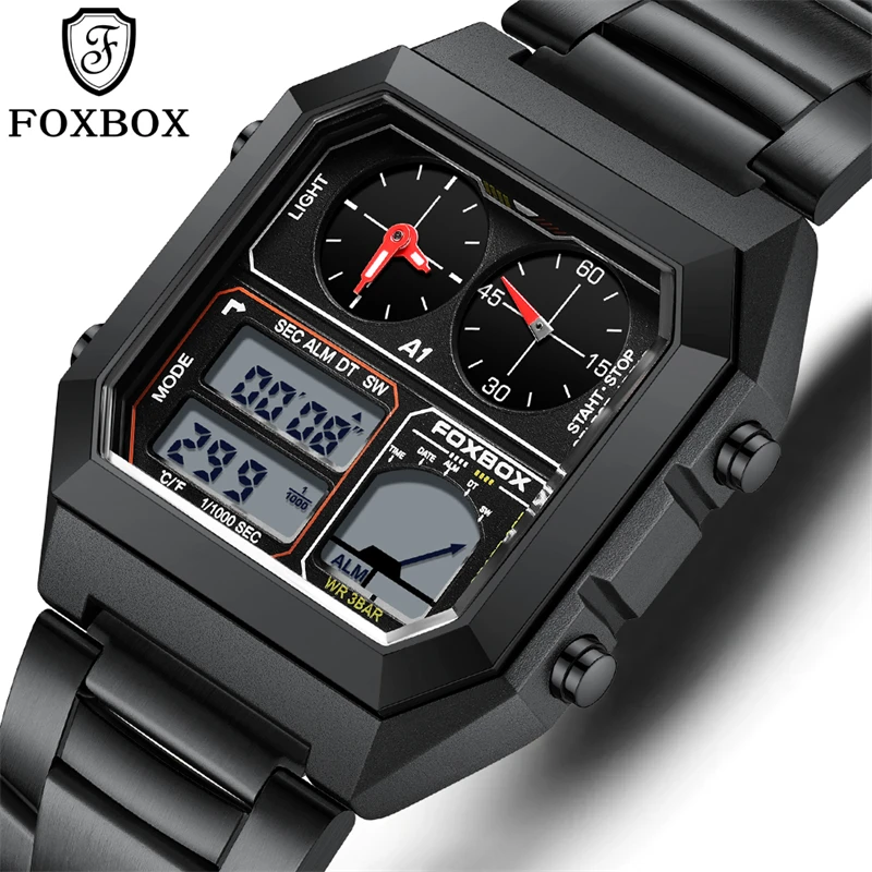 LIGE Mens Watch FOXBOX Brand Luxury Electronic Clock Digital Watches For Men Fashion Waterproof Dual Display Watch Reloj Hombre