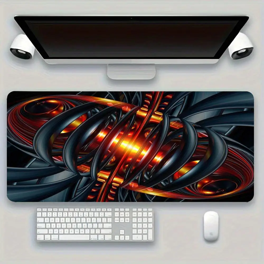 Red Gold Spiral Mecha Large Desk Mat Cyber Tech Style Non-Slip Stitched Edge Mouse Pad for Office Study Gaming