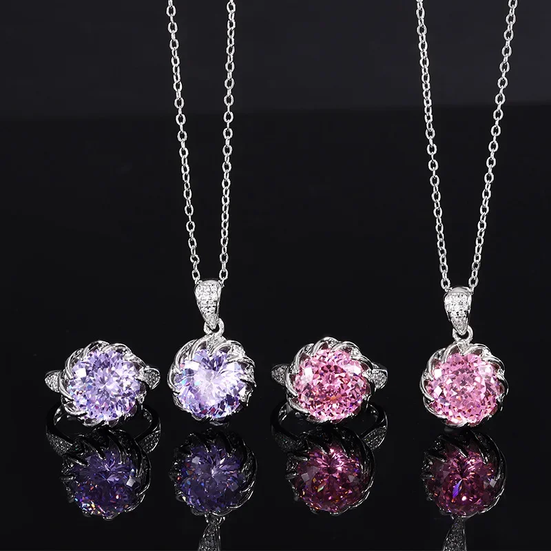 2024 new bead S925 silver-plated 18K gold simulation corundum round lotus set women's 12mm fashion gift