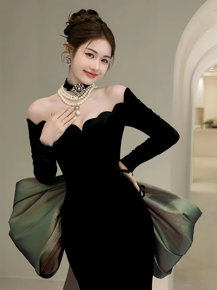 

Black Velvet Evening Dresses Light Luxury Off Shoulder Long Sleeve Mermaid Celebrity Party Dress Back Big Bow Banquet Gown