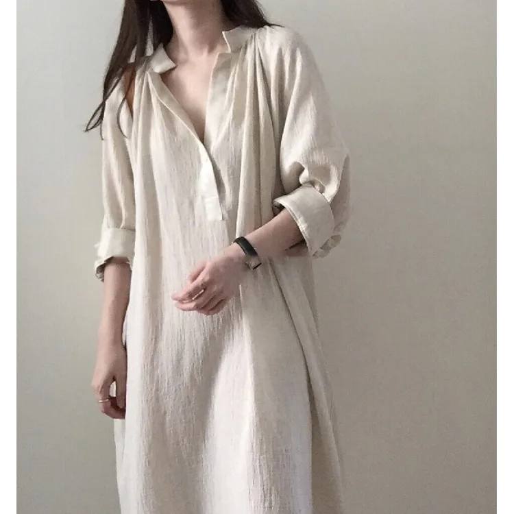 가을 코튼 린넨 드레스 레트로 롱 스커트 한국 스타일 다양한 상황에 적합 여러 연령대에 적합