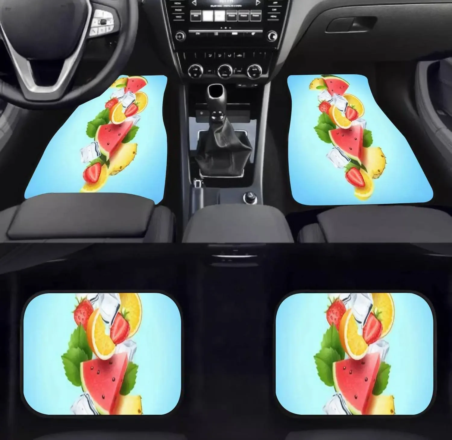 Car Floor Mats - Composition Colorful Realistic Falling Pieces Fruits Berries Mint Carpet Floor Mats for Cars, Anti Slip Rubber