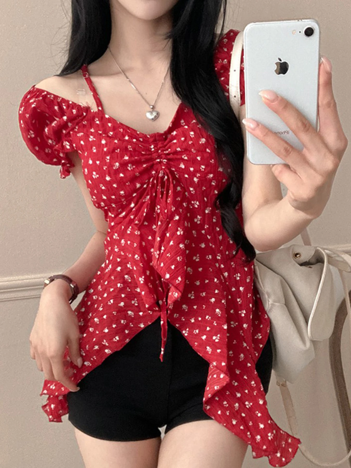 

Sweetown Sweet Style Puff Sleeve Flower Prints Folds Women T-Shirts Ruffles Irregular Design Slim Fit Blouses