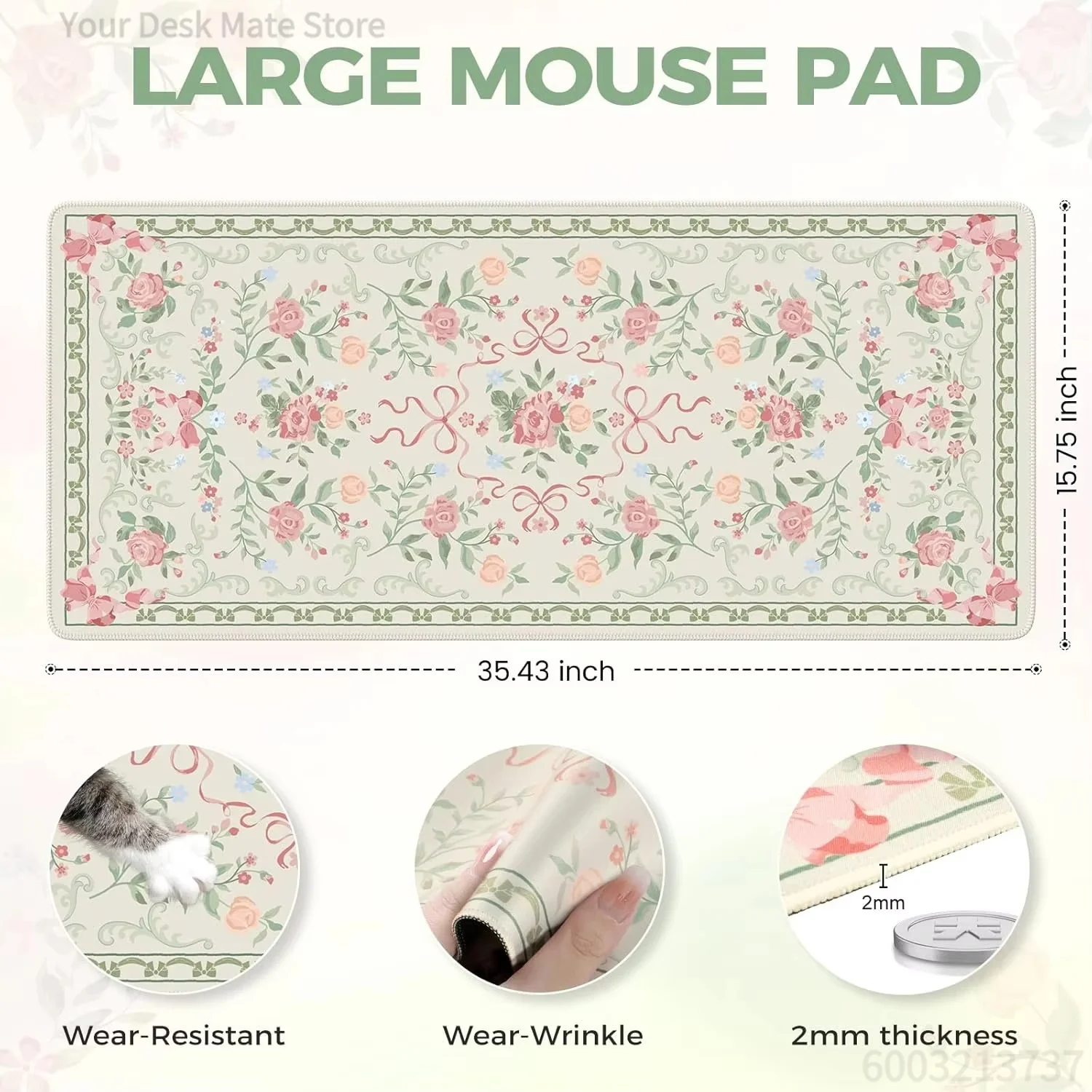 Vintage Persian Floral Large Mouse Pad Ethnic Carpet Pattern Desk Mat Non‑Slip Rubber Base Keyboard Mat for Home Office Decor