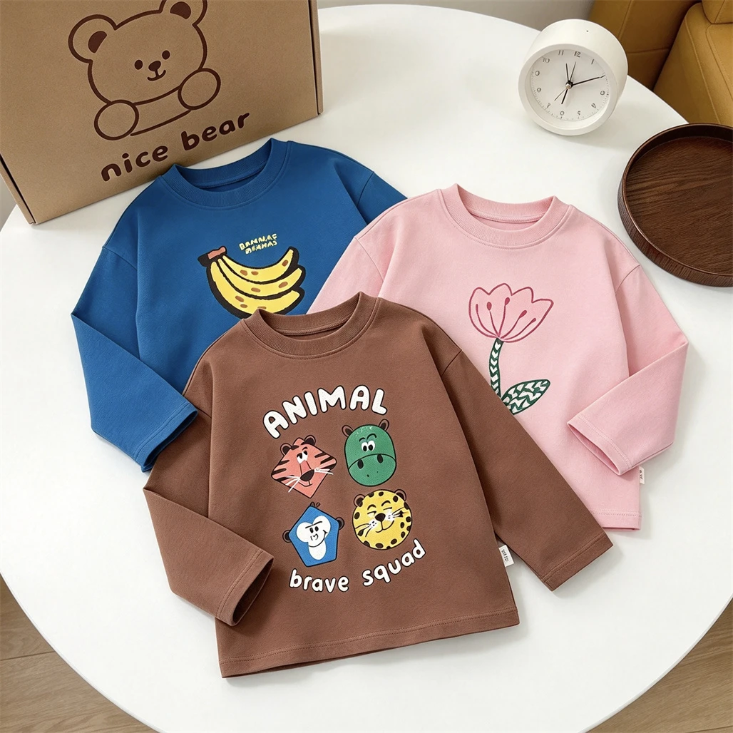Cartoon Printed T-shirt Round Neck Bottoming Shirt Unisex Clothing Casual Loose Crewneck Pullovers Toddler New Long-sleeved Tops