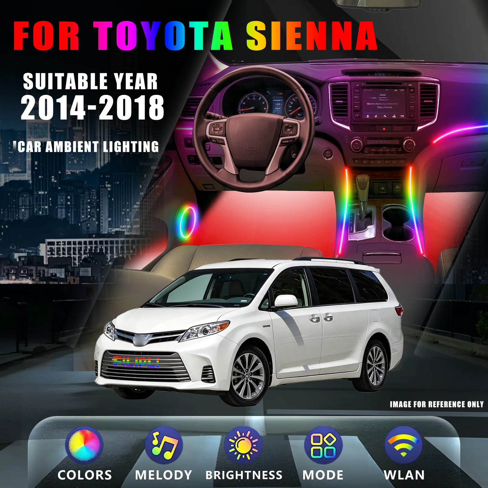 FOR TOYOTA Sienna 2014-2018 YEAR DREAM COLOR 18 Lights car ambient light kit 18 lamp independent address control sliding door streamer reminder speed adaptive flow hidden light channel upgrade kit