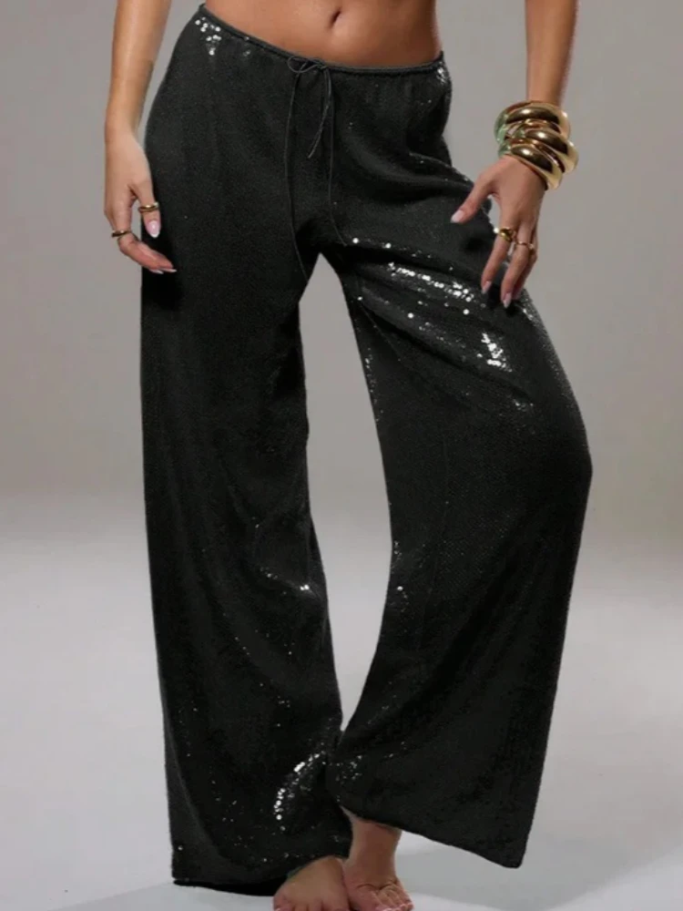 Women Clothes Glitter Elastic Waist Wide Leg Loose Pants Lightweight Trousers Club Street Wear Fashion Sparkle Sequin Pants