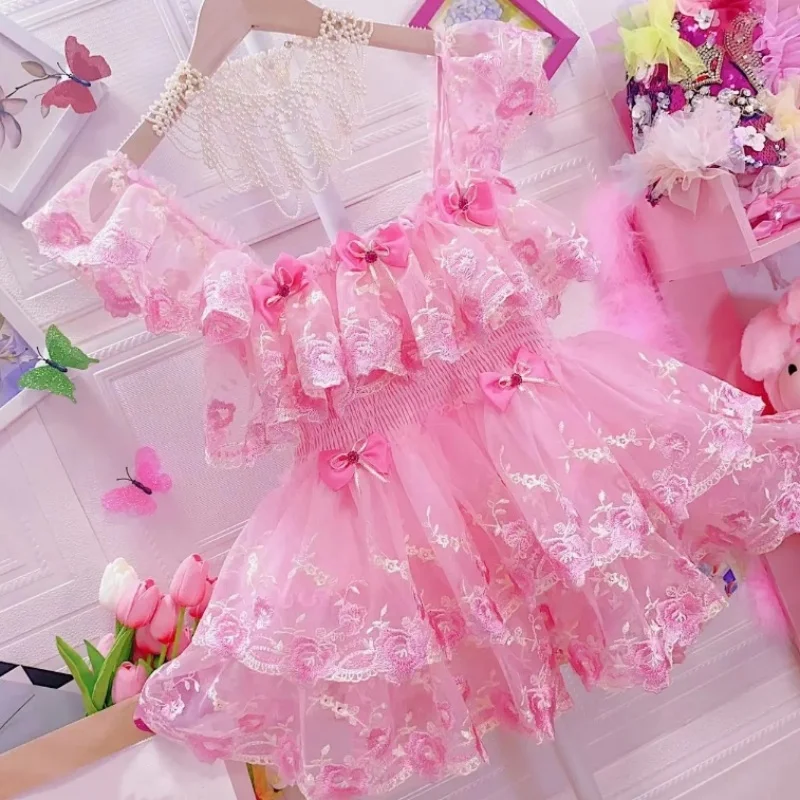 

Сексуальное кружевное утягивающее короткое платье с бантом для девочек, розовое платье JSK, мини-платье Sissy COS, переодевание, ABDL, пышное платье принцессы из тюля