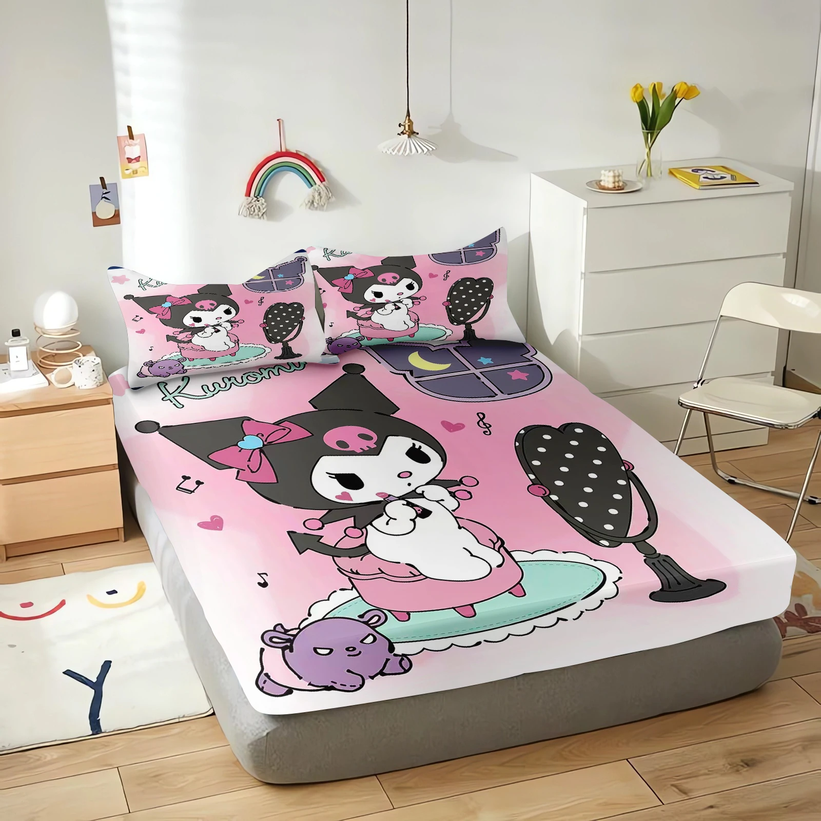 Sanrio Cartoon Fitted Sheets Kuromi Bedding Set Quilt 3D Children'S Cover Set King Size Covers Children Printed 100% Polyester