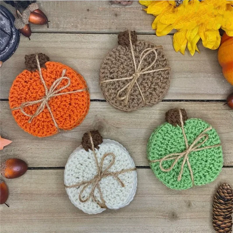 

Pure Handmade Crocheted Pumpkin Coasters Halloween Placemats Heat Insulation Anti-scald Mat Table Glasses Holder