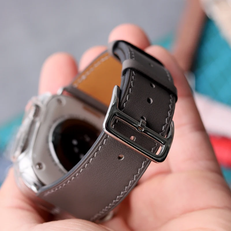 Top cowhide strap for Apple Watch s10 ultra 40mm 45mm 44mm 49mm 41mm Ultar 8 7 6 SE Leather Premium leather strap H logo.