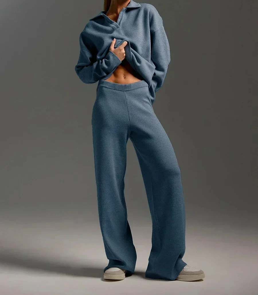 Setelan pakaian rajut wanita, setelan 2 potong tebal, Sweater Polo leher & celana kaki lebar, pakaian rajut 2024