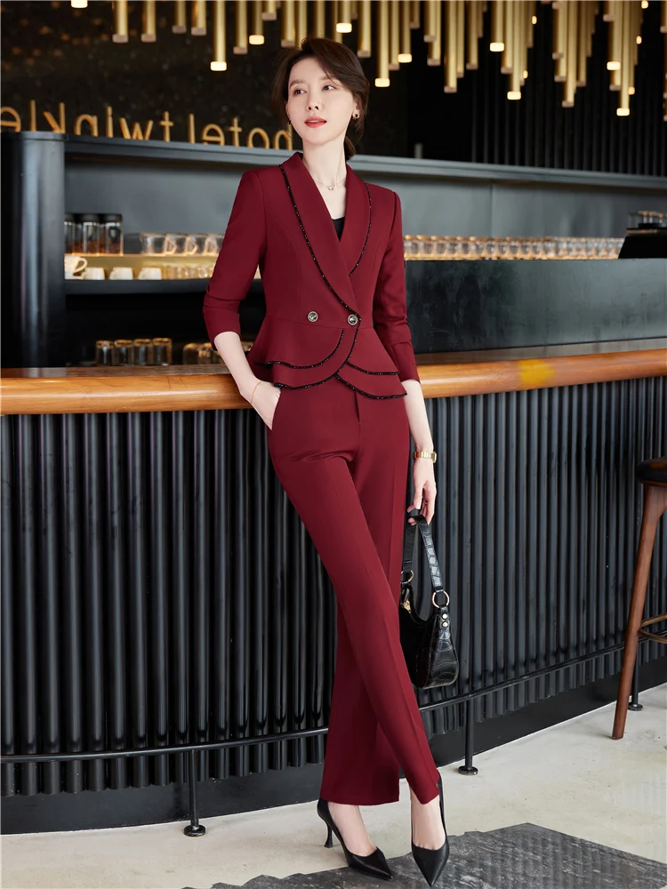 Women\'s pants suit Spring Autumn Office Ladies Elegant Blazer Trousers 2 Pieces of Sets Female Wine Red  Trouser Suits