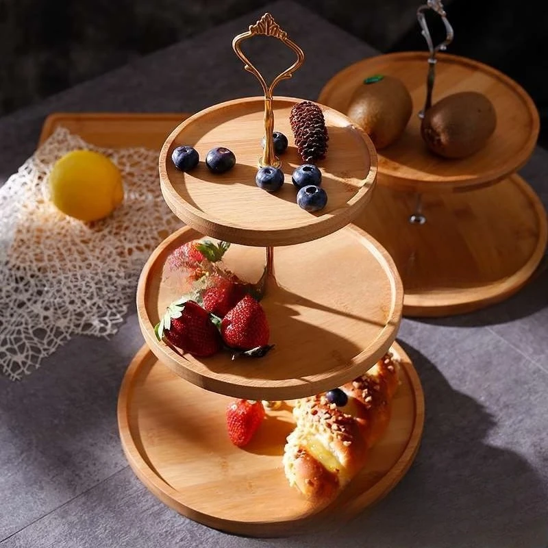 Three-tier fruit tray, multiple double-layer afternoon tea candy snacks, cakes, and snack racks, wooden