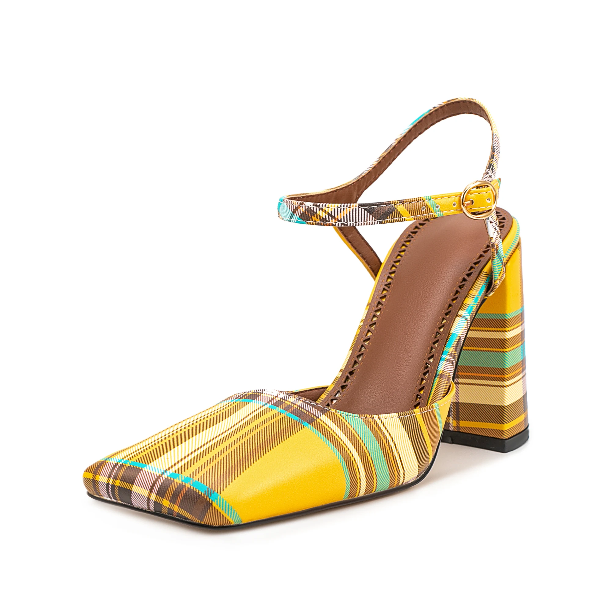 

Весна-лето 2021, модные женские сандалии с пряжкой в Европе и Америке, новые полые разноцветные клетчатые сандалии с квадратной головкой и толстым каблуком 7,5 см