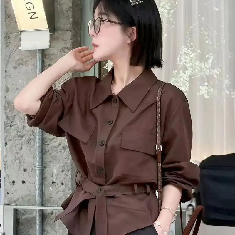유럽 스타일 여성용 긴팔 셔츠 2025 가을 패션 다용도 루즈핏 솔리드 컬러 벨트 블라우스