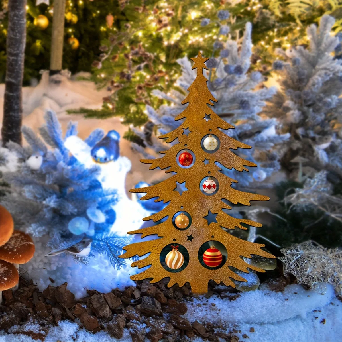 1Pc Iron Christmas Tree Garden Decoration Stake, Outdoor Decoration, with Stars and Decorative Designs, Suitable for Patio, Lawn, Porch or Fence, Holiday Home and Garden Decoration, Christmas Decoration.