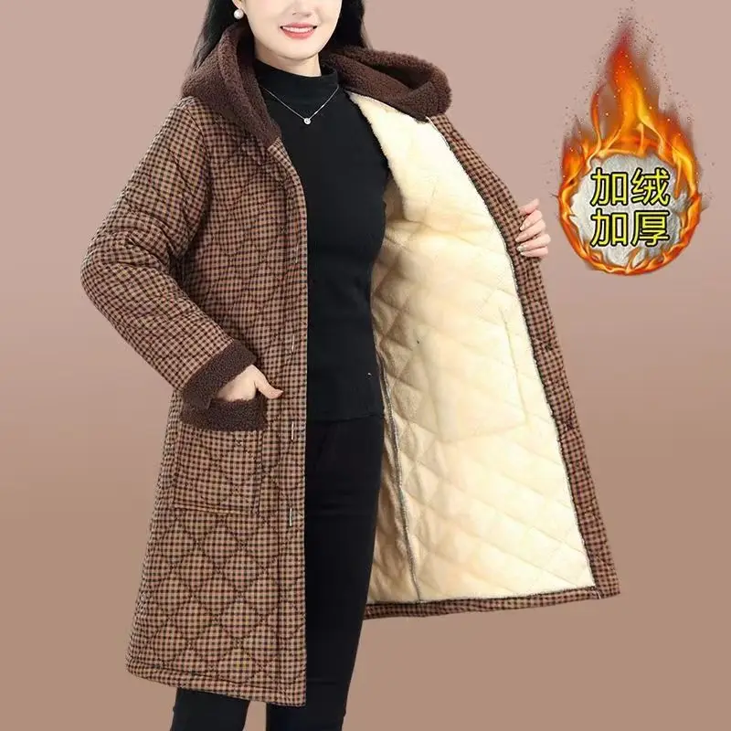 Veste en coton avec capuche épaisse en velours, nouvelle veste chaude en coton mi-longue à carreaux pour l'hiver