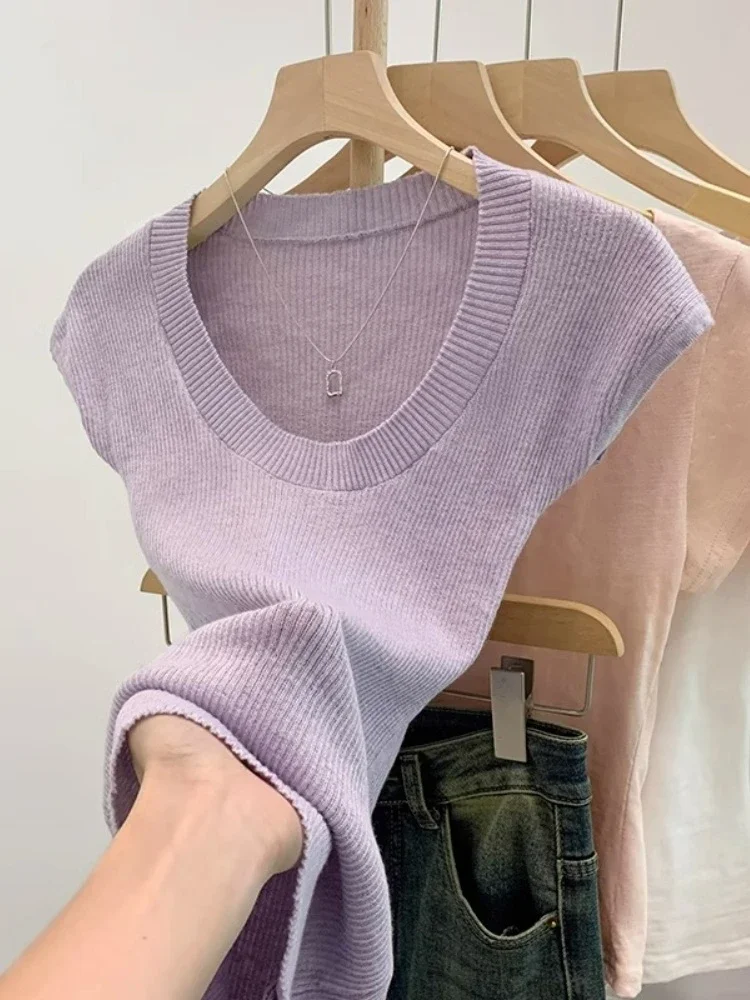 ฤดูร้อน Basic U-คอบาง 2025 เสื้อกันหนาวผู้หญิงหญิงถัก Ribbed เสื้อกันหนาว Slim แขนสั้นเสื้อกันหนาว