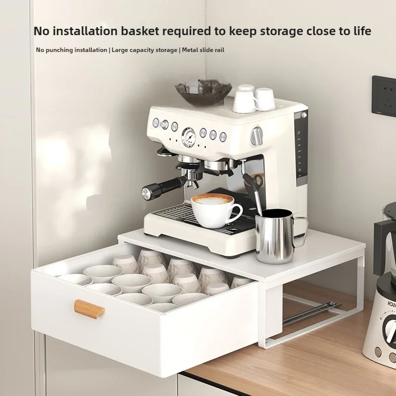 Carbon Steel Coffee Maker Organizer  No-Installation Tea Cabinet  Large-Capacity Cup & Tea Bag Pull-Out Basket  Desktop Shelf