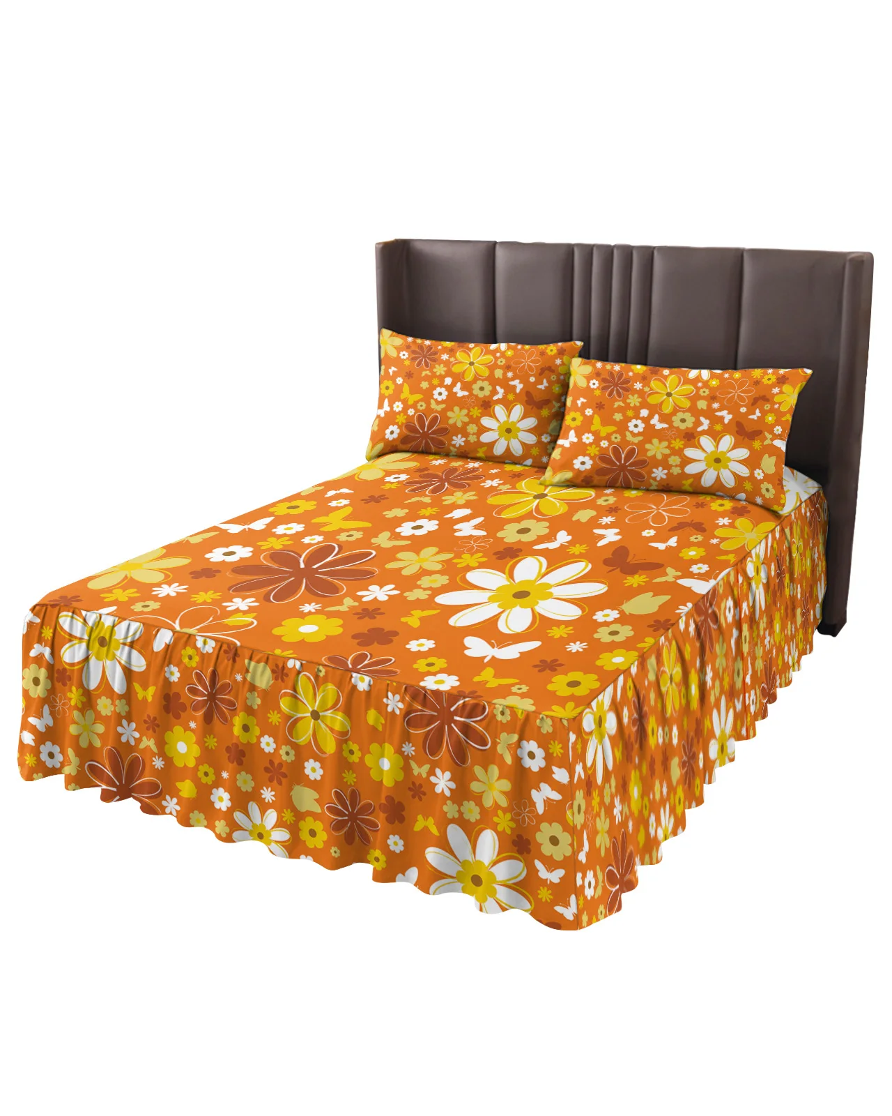 Orange Little Daisy Flower Bed Skirt Elastic Fitted Bedspread With Pillowcases Mattress Cover Bedding Set Bed Sheet