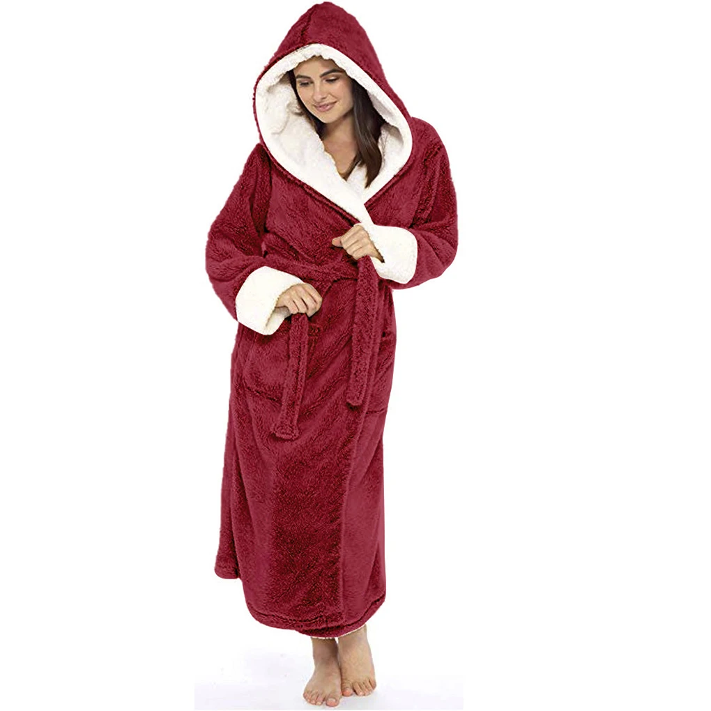 Women Bathrobe Lengthened Hooded Pajamas Shower Robe Sleepwear Ladies