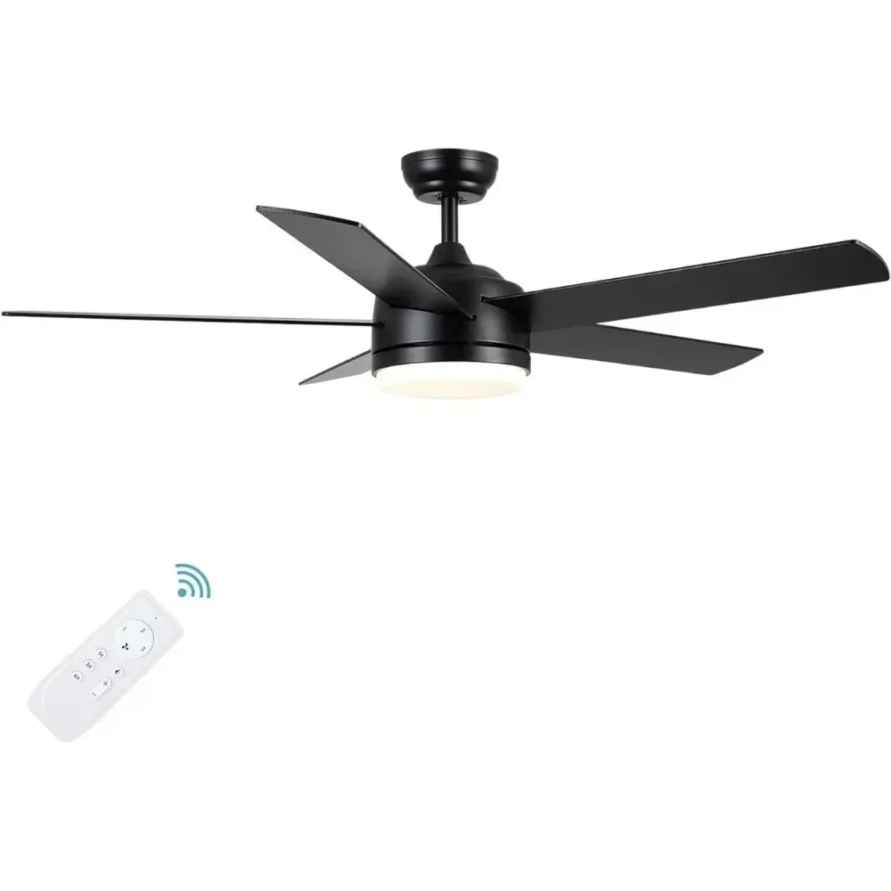 52 inch black ceiling fan with lights and remote control, dimmable three color temperature LED, silent reversible motor