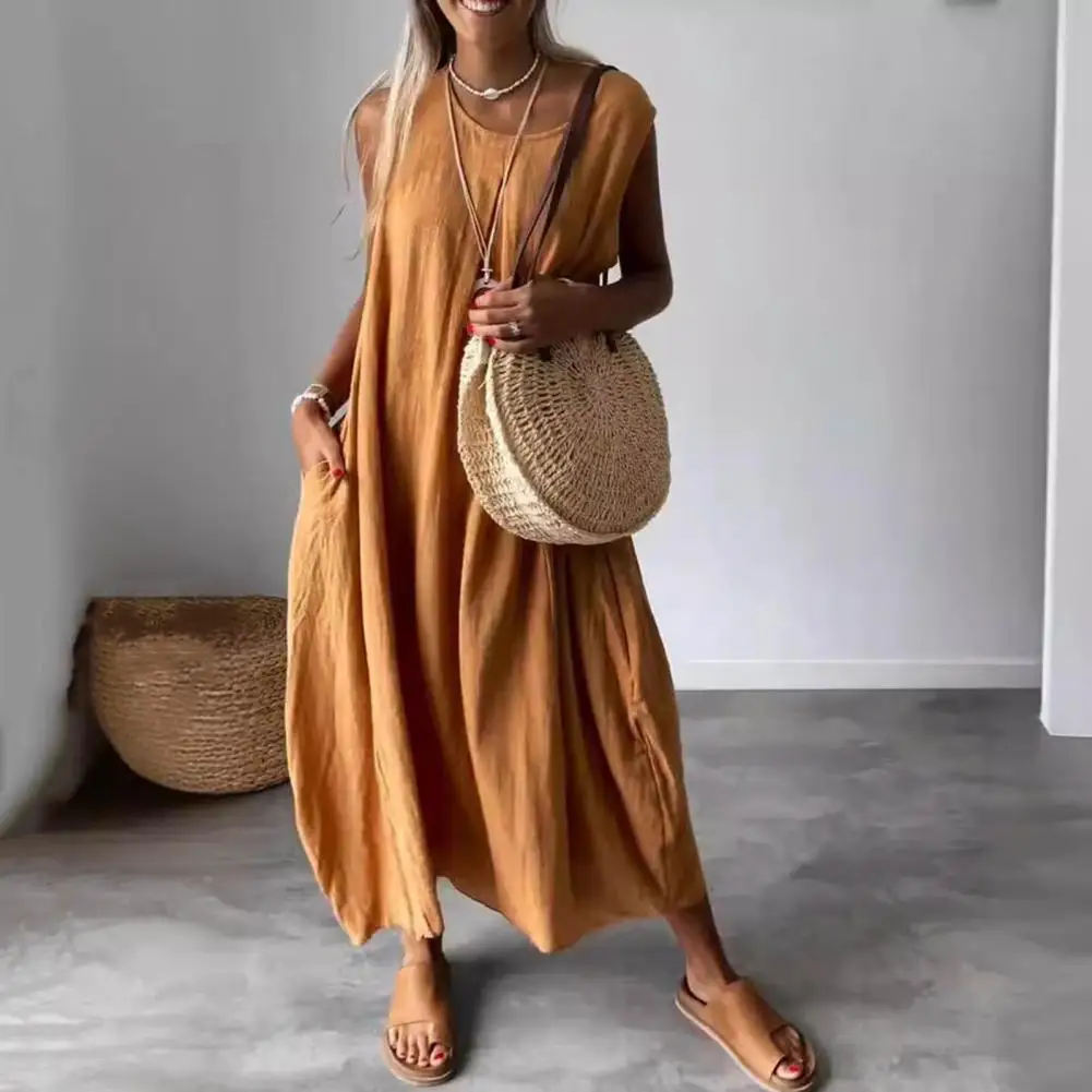 

Women A-line Dress Solid Color Loose A-line Midi Dress O Neck Pleated Beach Sundress for Women Wear with Big Hem Summer Midi