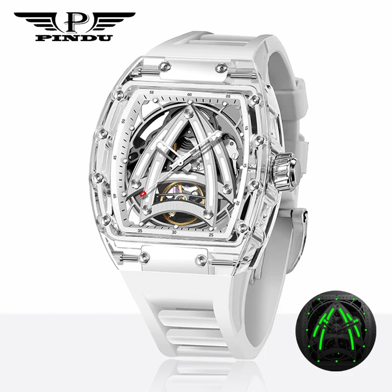PINDU Design New Unique Dial Mechanical Watch Men K9 Glass Case Night Light Waterproof Top Luxury Wine Barrel Automatic Watch