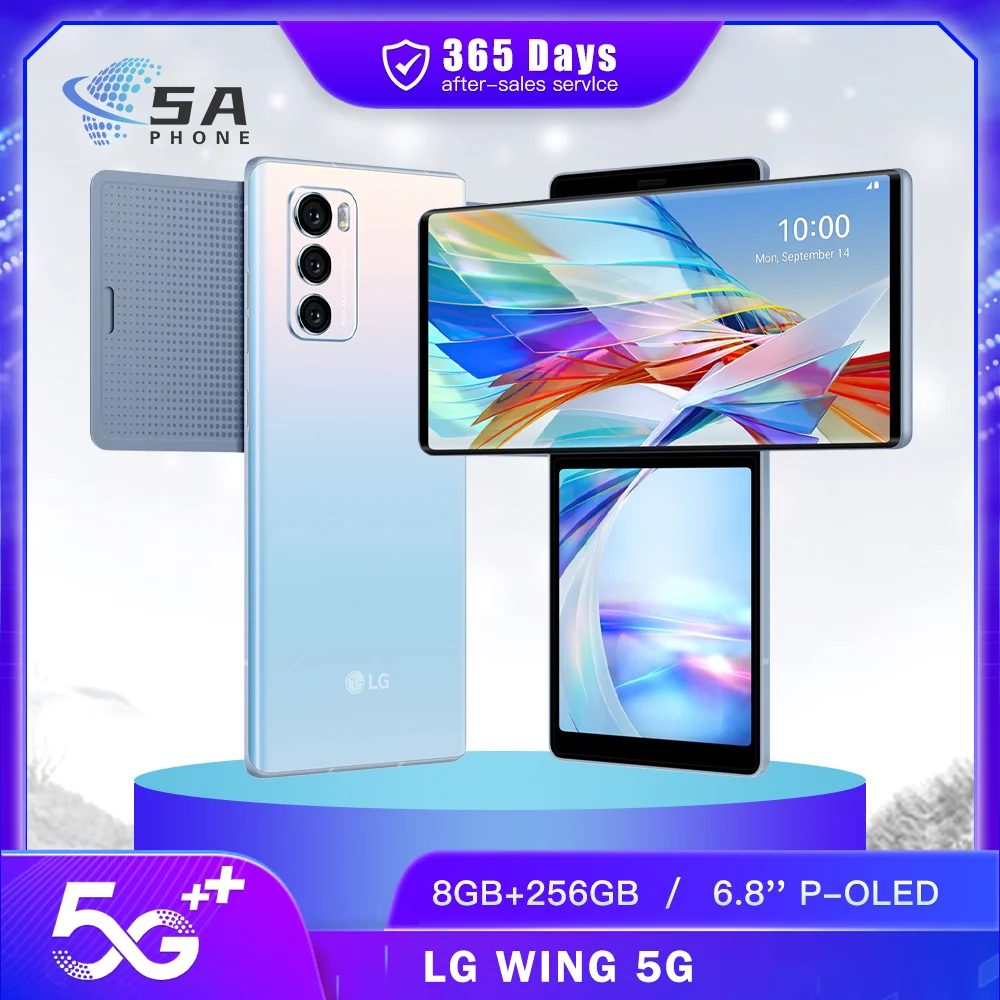 Original LG WING 5G LMF100VM LMF100TM 5G Handy NFC 8GB + 256GB Fingerabdruck 6,8'' P-OLED Bildschirm Octa-Core Android Smartphone