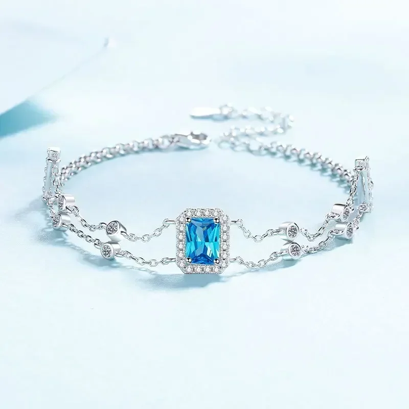 

1Carat Emerald Cut Rectangle Moissanite Diamond Bracelet for Women, Temperament Platinum PT950 Double Chain Wedding Fine Jewelry