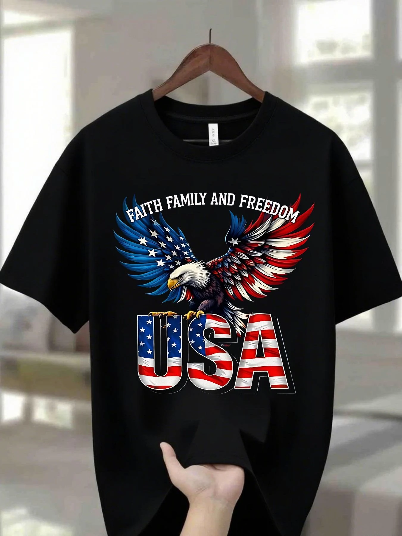 This Round-Neck T-Shirt Features a Patriotic Eagle Design, Printed with the Words 